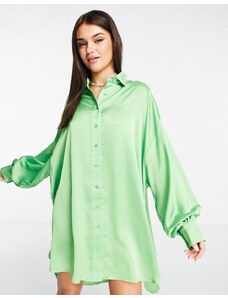 Glamorous - Vestito camicia in raso con bottoni verde mela-Nero