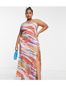 Esclusiva In The Style Plus x Yasmin Devonport - Vestito lungo con scollo profondo e stampa astratta multicolore