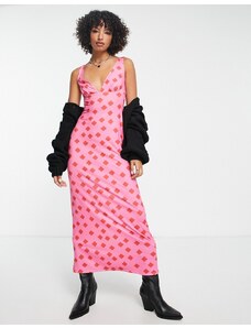 ASOS DESIGN - Vestito lungo senza maniche con scollo a V rosa e rosso con stampa geometrica-Multicolore