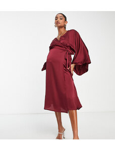 TFNC Maternity - Vestito midi avvolgente da damigella in raso color mora con maniche a kimono-Viola