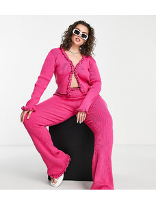 Daisy Street Plus - Pantaloni comodi a vita alta in maglia rosa vivo con volant in coordinato