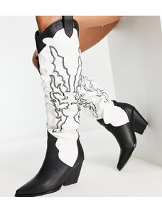 Esclusiva Public Desire Wide Fit - Rodeo - Stivali cuissard stile cowboy arricciati bianchi e neri a pianta larga-Multicolore