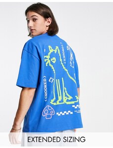 Crooked Tongues - T-shirt oversize blu con stampa di gatto in stile videogioco sul retro