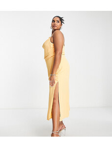 Pretty Lavish Curve - Keisha - Vestito arricciato con gonna al polpaccio con spacco sulla coscia, colore arancione opaco