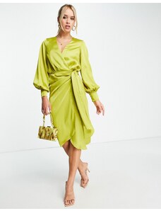 Never Fully Dressed - Vestito midi avvolgente in raso verde oliva