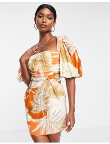 ASOS DESIGN - Vestito corto con maniche a campana oversize e vita a portafoglio con stampa tropicale con palme-Multicolore