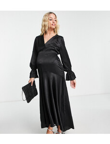 Flounce London Maternity - Vestito midi a maniche lunghe in raso nero