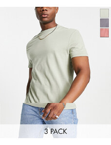 ASOS DESIGN - Confezione da 3 T-shirt girocollo kaki, rosa e grigia-Multicolore