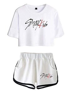 Flyself Donne KPOP Stray Kids T-Shirt Crop Top & Pantaloncini Set Manica Corte Maglietta Shorts 2 Pezzi Sportivo Bang Chan Changbin Hyunjin Han Felix Seungmin
