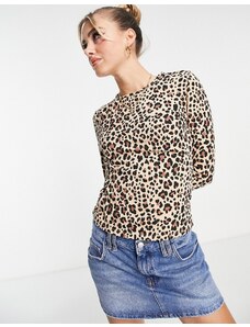 Monki - Top in jersey a maniche lunghe con stampa leopardata-Marrone