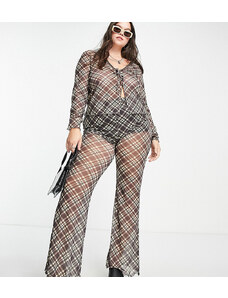 Reclaimed Vintage Inspired Plus - Pantaloni a zampa in rete marrone a quadri in coordinato