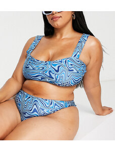 Brave Soul Plus - Top bikini con scollo a cuore e spalline ampie blu con stampa astratta