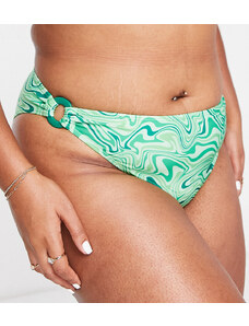 Brave Soul Plus - Slip bikini verdi con stampa astratta e dettaglio ad anello-Verde