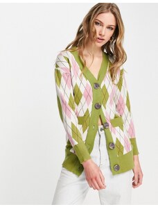 Neon Rose - Cardigan oversize in maglia con motivo a rombi in coordinato-Multicolore