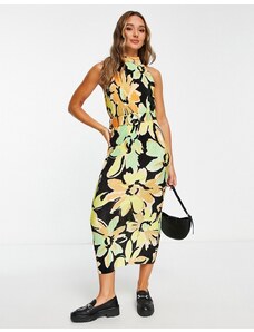 ASOS DESIGN - Vestito midi plissé accollato senza maniche nero a fiori color lime con cintura-Multicolore