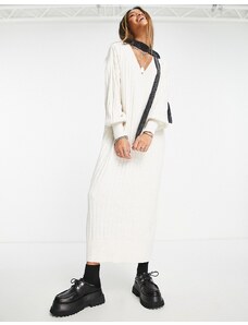 Only - Vestito lungo in maglia color crema con scollo a V-Bianco