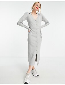 ASOS DESIGN - Vestito midi in maglia grigio con colletto aperto e allacciatura in vita
