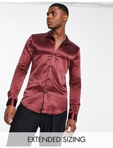 ASOS DESIGN - Camicia skinny in raso bordeaux-Rosso