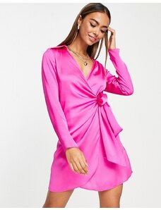 New Look - Vestito corto in raso rosa acceso con laccio sul lato