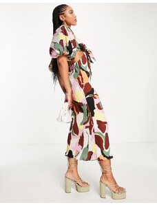 ASOS DESIGN - Vestito midi con maniche a sbuffo plissé a portafoglio con stampa astratta colorblock-Multicolore