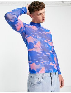 ASOS DESIGN - T-shirt a maniche lunghe attillata e accollata in rete rosa e blu con stampa