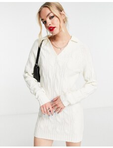 ASOS DESIGN - Vestito maglia corto color crema a trecce con colletto aperto-Bianco