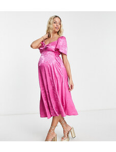 Flounce London Maternity - Vestito midi con manica con volant in raso jacquard rosa fluo