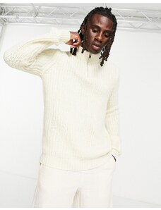 ASOS DESIGN - Maglione pesante in maglia a coste inglesi con zip corta color écru-Bianco