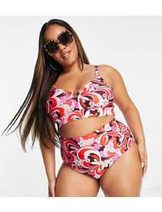 New Look Plus New Look Curve - Slip bikini a vita alta con stampa astratta rétro-Rosso