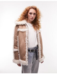Topshop - Cappotto di media lunghezza in pelliccia sintetica color cuoio anni '70-Marrone