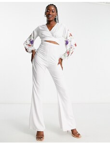ASOS DESIGN - Tuta jumpsuit bianca a zampa e cut-out-Bianco