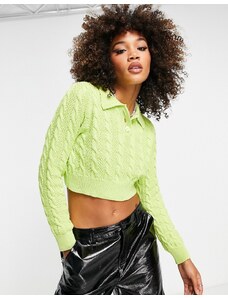 Only - Maglione corto lavorato a trecce in cotone con colletto stile polo lime-Verde