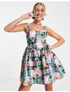 Miss Selfridge - Vestito corto stile corsetto in raso a fiori e a quadri-Multicolore