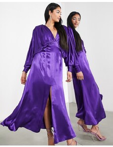 ASOS Edition - Vestito midi viola in raso drappeggiato con maniche a pipistrello