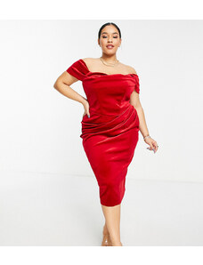 ASOS Curve ASOS DESIGN Curve - Vestito longuette midi drappeggiato con scollo Bardot e corsetto in velluto rosso