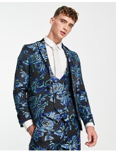 Twisted Tailor - Owsley - Giacca da abito nera con motivo jacquard floreale verde-azzurro e menta-Blu