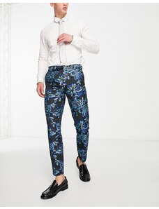Twisted Tailor - Owsley - Pantaloni da abito neri con motivo jacquard floreale verde-azzurro e menta-Blu
