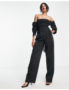ASOS DESIGN - Tuta jumpsuit in tessuto scuba nera arricciata con scollo alla Bardot-Nero