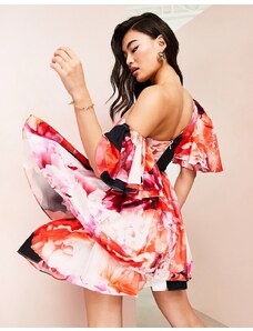 ASOS LUXE - Vestito monospalla con corsetto e volant in cotone a fiori-Multicolore