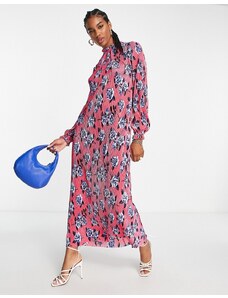 ASOS DESIGN - Vestito lungo plissé accollato rosa e con stampa di rose blu-Multicolore