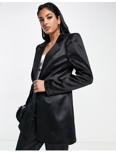 ASOS DESIGN - Blazer da abito in raso di jersey nero con spalline oversize