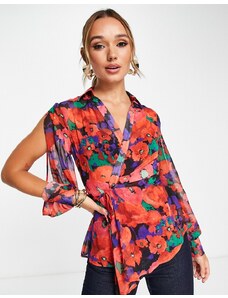 ASOS DESIGN - Camicia trasparente a portafoglio con spacco sulle maniche e stampa a fiori-Multicolore