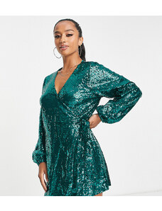 Esclusiva In The Style Petite - Vestito corto verde smeraldo con paillettes avvolgente