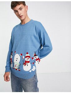 Threadbare - Maglione natalizio oversize blu con stampa con pupazzi di neve