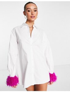 Jaded Rose - Vestito camicia con maniche a palloncino bianco con piume sintetiche appariscenti sui polsini