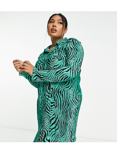 ASOS Curve ASOS DESIGN Curve - Vestito camicia corto plissé a maniche lunghe verde zebrato-Multicolore