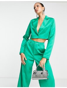 Extro & Vert - Blazer squadrato corto in raso verde smeraldo in coordinato