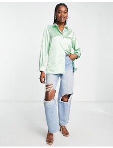 Miss Selfridge - Camicia oversize in raso verde chiaro con bottoni con strass