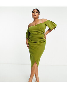 ASOS Curve ASOS DESIGN Curve - Vestito midi color oliva con scollo a cuore alla Bardot-Verde