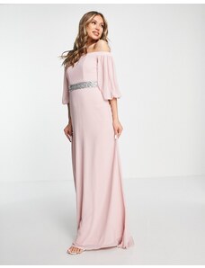 TFNC - Vestito lungo da damigella in chiffon color malva con scollo Bardot e vita decorata-Rosa